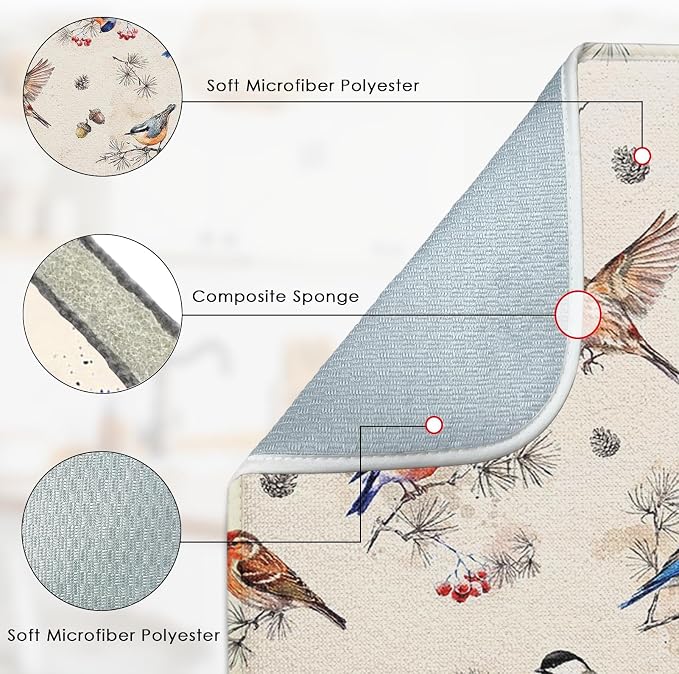 Sanwarm Absorbent Dish Drying Mat, Vintage Birds Watercolor Cute Floral Microfiber Pad for Kitchen Counter, Coffee Bar Decor, Heat Resistant and Reversible, 18" x 24"