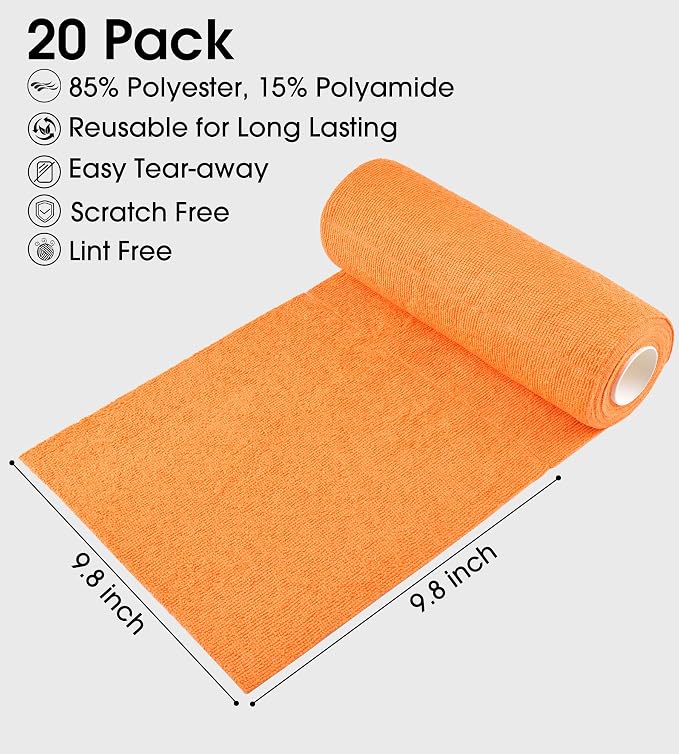 KitchLife Microfiber Cleaning Cloth Roll - Tear-Away Reusable Microfiber Paper Towels, Lint-Free, Washable, 20 Sheets for Kitchen, Car, Dishes, and Sensitive Surfaces (Orange)