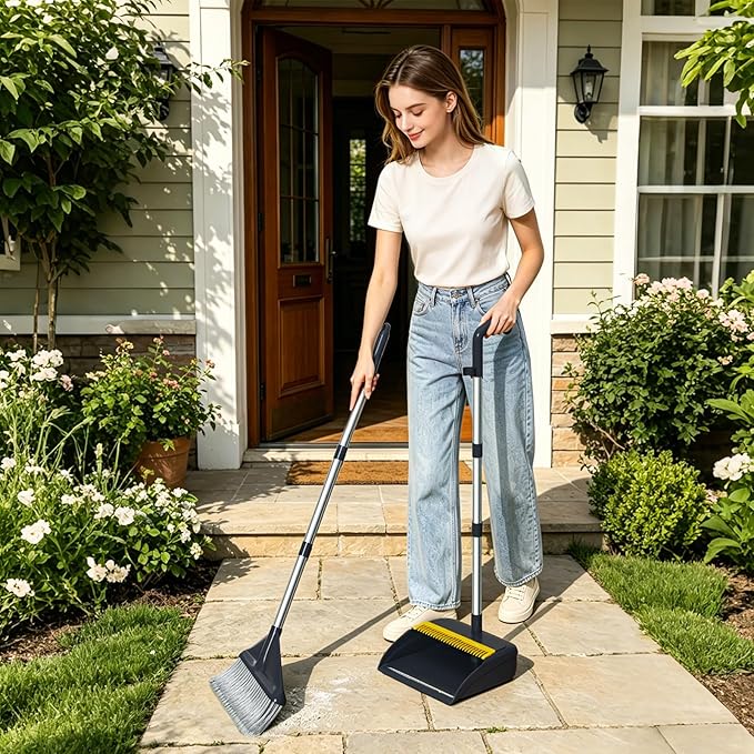 Broom and Dustpan Set with 52" Long Handle | Stand Up Dustpan with No Warping Metal Edge, 4-Layer Flagged-Tip Bristles, Hair Cleaning Teeth for Home, Kitchen & Office