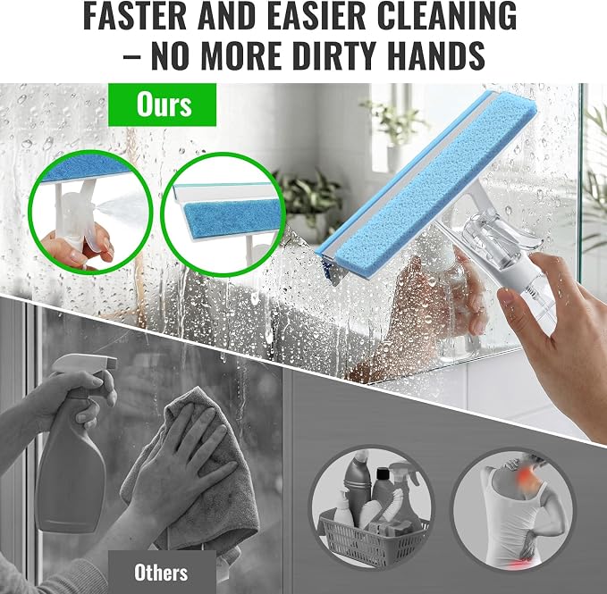 3-in-1 Window Squeegee for Window Cleaning with 300ML Tank & Scrubber | Window Cleaning Kit with Sponge Scrubber, Shower Squeegee for Glass Doors, Mirrors, Windshields, Car Windows & Hanging Hole
