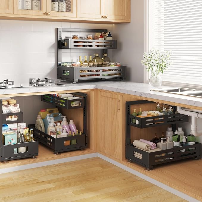 2 Pack 19IN-Depth Under Sink Organizer,Pull Out Cabinet Organizer With Smooth Cylindrical Rail,Metal Slide Out Drawer for Kitchen Bathroom Laundry,8-Level Tool Free Height Adjustable-Black
