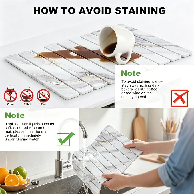 Stone Drying Mat for Kitchen Counter, Quick Diatomaceous Earth Mats for Dishes, 24"L x 16" W Super Absorbent Fast-Drying Collapsible Countertop Stone Mat (Marble White-04, 24" x 16")