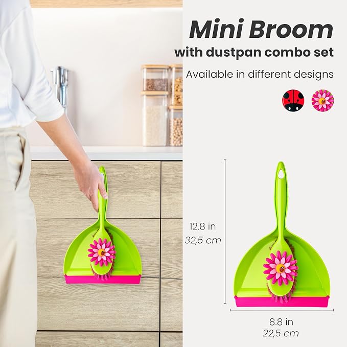 Vigar Flower Power Dust Pan and Brush Set - Mini Broom and Dustpan Set, Handheld Broom and Dustpan Set With Whisk Broom, Small Dustpan and Brush Set, Compact Indoor Sweeper for Countertop - Pink Green