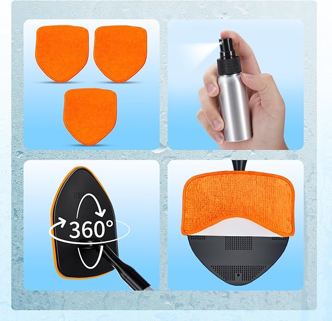 XINDELL Interior Windshield Cleaner Tool, Car Window Cleaning Kit with 4 Reusable Microfiber Pads, Extendable Handle & 360° Rotating Head, Safety Hammer, Streak-Free Auto Glass Wiper for Truck SUV RV