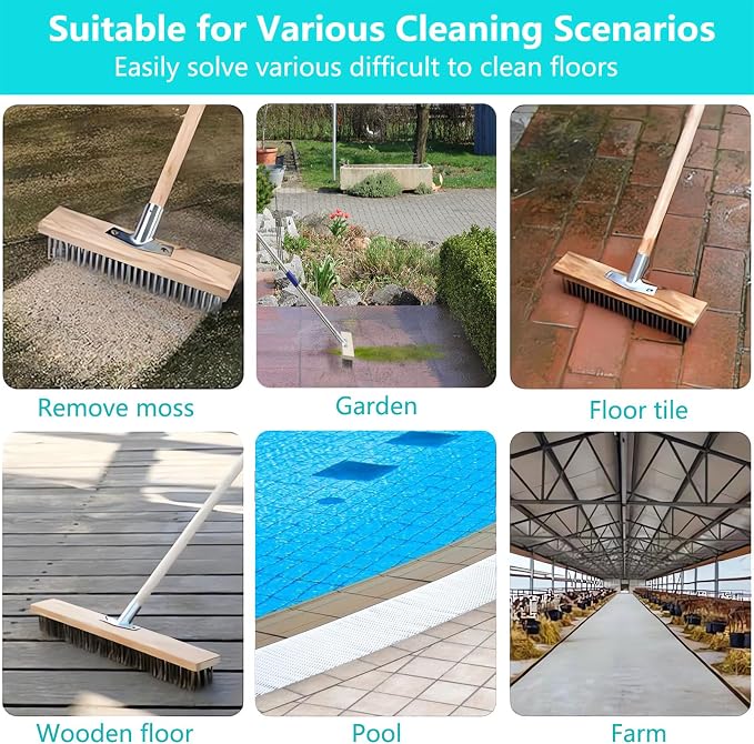 Concrete Scrub Brush - Concrete Brush Wire Broom with 62" Long Handle - Deck Brushes for Scrubbing Heavy Duty Stiff Metal Bristle Floor Scrubber Brushes for Cleaning Moss Grout Garage Patio