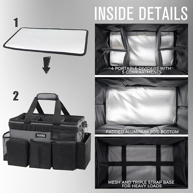SCAVATA Wearable Cleaning Caddy Bag, Cleaning Caddy Supplies Organizer with Handle & Shoulder Straps for Housekeepers, Under Sink & Car Cleaning Tool Organizers with 4 Foldable Divider (GraphiteGrey)