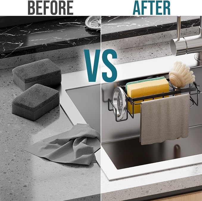 TAILI Sponge Holder with Strong Suction Cup, 4-in-1 Rustproof Sink Organizer - Sink Caddy Holds Sponges, Brushes, Stoppers & Scrapers -Black