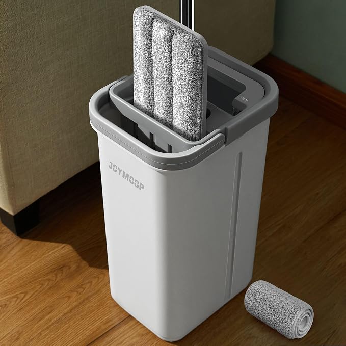 JOYMOOP Flat Mop and Bucket System, Microfiber Mop for Floor Cleaning, White, Suitable for Hardwood, Tile, Laminate and Vinyl Floors, 50" Mop with 1 Microfiber Pad