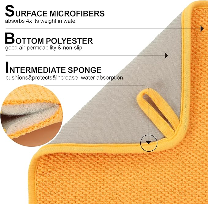 2 Pack Microfiber Dish Drying Mat for Kitchen Counter,Ultra Absorbent Dish Drainer Mat ,Dish Drying Pad , Dish Rack Mat 20×15 Inch (Yellow)