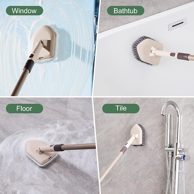Eyliden Shower Scrubber with Long Handle, 2 Type Head, Tile Tub Scrub Brush | 49" Handle, 2 Different Function Cleaning - 1 Stiff Bristle + 2 Non-Scratch Pads, for Bathroom Grout Sink Glass Kitchen Floor