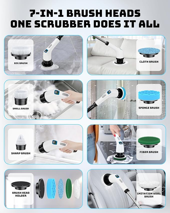 Electric Spin Scrubber for Bathroom | Shower Cleaner Brush with Long Handle | Dual Speed Cordless Power Scrubber with 7 Brushes Heads | IPX7 Waterproof Scrub Brush for Bath Tub Tile Grout Glass Tool