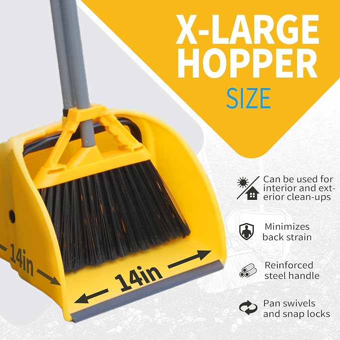 Commercial Broom and Dustpan Set, Jumbo Lobby Debris Dustpan (14inch*14inch), Heavy Duty Broom (14inch Width),for Indoor and Outdoor Cleaning,2 Sets, Yellow