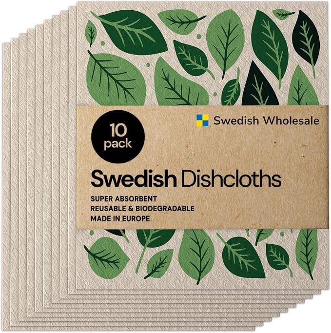 Swedish Wholesale Dishcloths Reusable 8" x 7" Sponge Cloths, Bulk 10 Pack of High Absorbent Cellulose Dish & Kitchen Cleaning Hand Towels, Wring to Dry & Machine Wash, Odor Resistant, Leaves