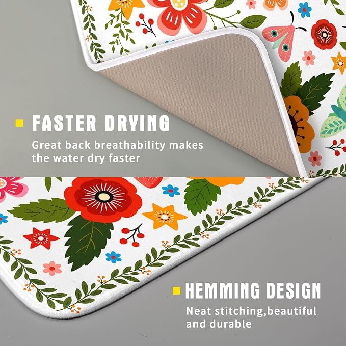 Colorful Boho Floral Dish Drying Mat 16x18 Inch Dishes Dry Pad Drainer Rack Mats Absorbent Hanging Loop Kitchen Counter Bar Accessories