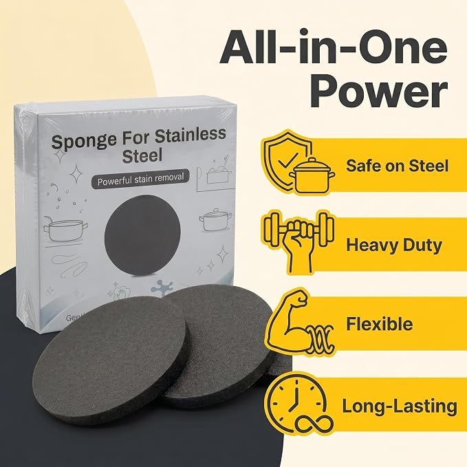 Stainless Steel Sponge 3-Pack, Scratch-Free Metal Sponge for Stainless Steel Pans Cookware Sinks, Heavy Duty Removes Burnt-On Stains Baked Grease, Flexible Reusable Kitchen Cleaning Sponge