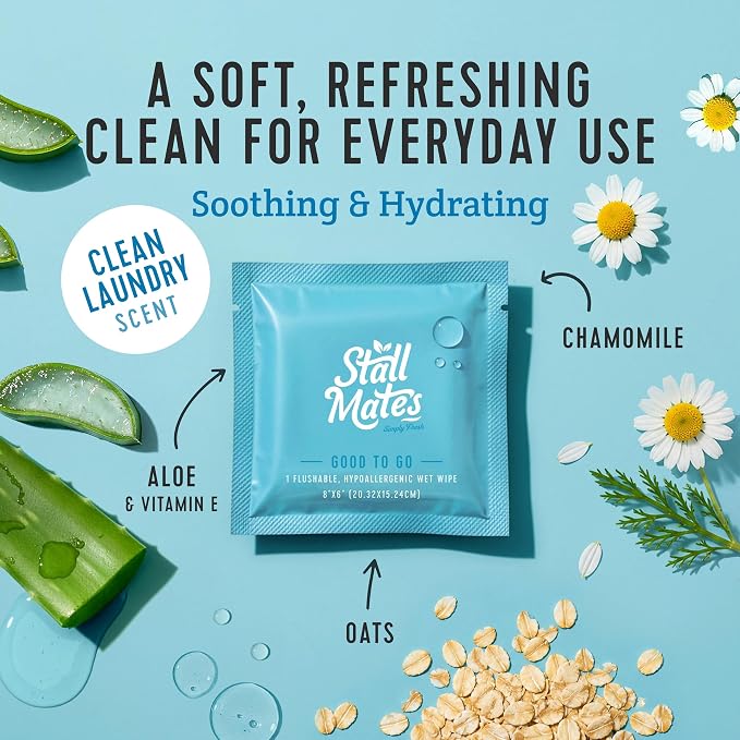 Stall Mates - Flushable Wipes, Individually Wrapped, Travel Friendly, Scented with Cucumber, Vitamin-E & Oat, (30 on-the-go singles)