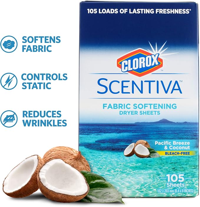 Clorox Scentiva Fabric Softener Dryer Sheets, Pacific Breeze & Coconut Scent - Wrinkle Reducing Scented Softening Laundry Dryer Sheets for Great Smelling Clothes, 105 Count