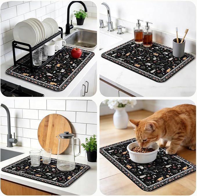 Dish Drying Mat, Vintage Rustic Boho Kitchen Dishes Absorbent Pad, 18x24in | Eco-friendly diatomite with non-slip rubber backing. Super absorbent mat for kitchen counters, coffee bars & sinks