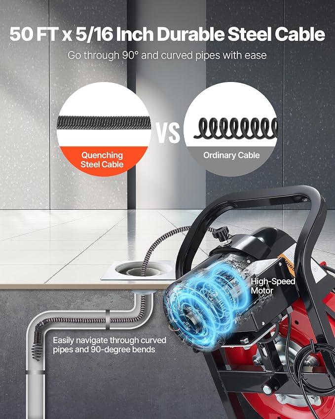VEVOR Drain Cleaner Machine 50 FT x 5/16 Inch, Auto Feed Sewer Snake Auger with 4 Cutters & Air-Activated Foot Switch for 2" to 4" Pipes