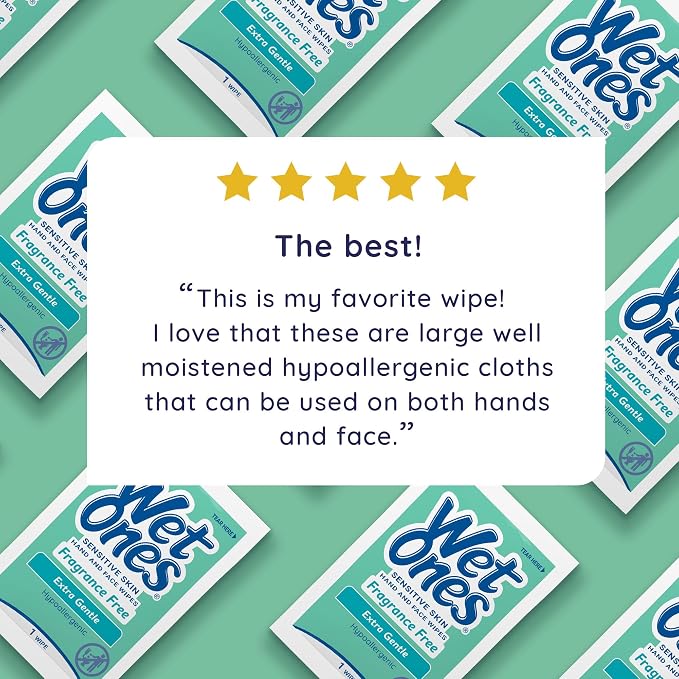 Wet Ones Hand and Face Wipes, Unscented for Sensitive Skin, Individually Wrapped, 24 Count, 6 Pack