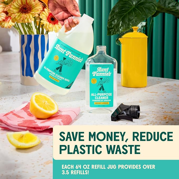 Aunt Fannie's All Purpose Vinegar Cleaner Spray, Lemon, Refill 64 oz | Cuts Grease & Grime, No Harsh Residue, Safe for Kitchens Bathrooms Windows Counters & Sealed Areas, Kid and Pet Safe