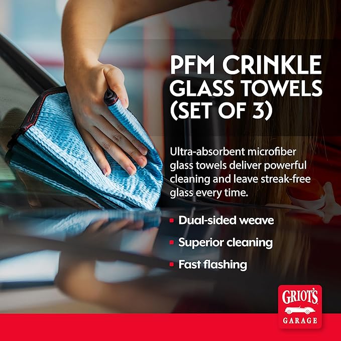 Griot's Garage PFM Crinkle Glass Towels for Car Detailing, Streak-Free Cleaning for Windows, Windshield, Mirrors, and More, 16" x 16", 55583, Set of 3