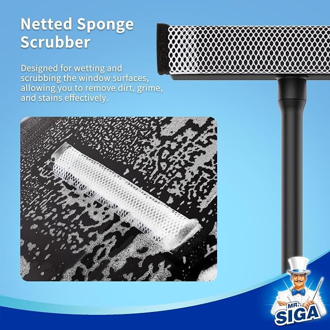 MR.SIGA Professional 2-in-1 Car Window Squeegee and Sponge Scrubber | Rubber blade squeegee with 16.4 inch/41.5 cm handle, sponge car squeegee for glass, windshield, shower