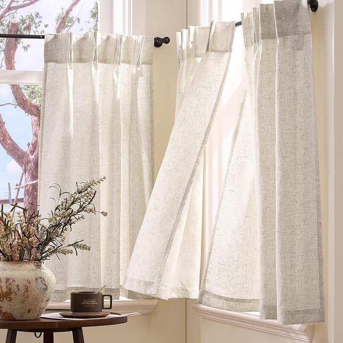 jinchan Linen Pinch Pleated Back Tab Tier Curtains,26x30,2 Panels,Natural | Light filtering,small window treatment,cafe curtains,machine washable,farmhouse,kitchen,bathrooms,laundry