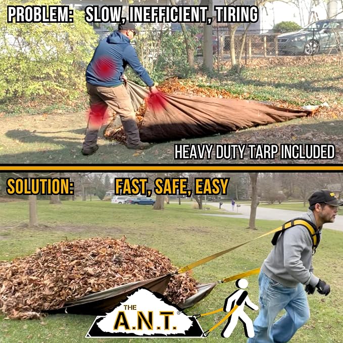 Leaf Collector Lawn Bundle - Padded Tarp Strap + Heavy Duty 6x8 Waterproof Tarp for Leaf and Lawn Waste, Hunting Sled Deer Drag Strap, Snow Removal, for use with Blower, Yard Vacuum, Mulcher, Sweeper