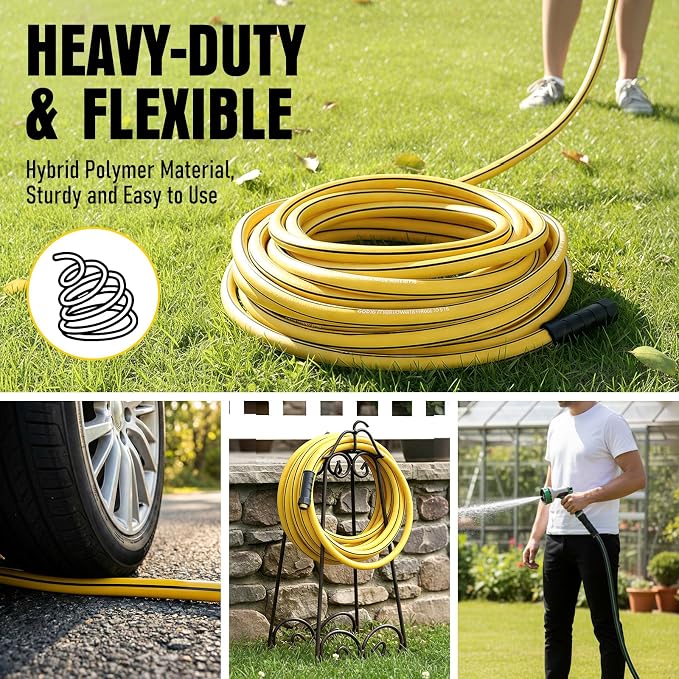 Garden Hose 100 ft x 5/8" with Nozzle, Water Hose Heavy Duty Flexible, Lightweight Kink-less Hybrid Hose with Swivel Handle, Male to Female Fittings