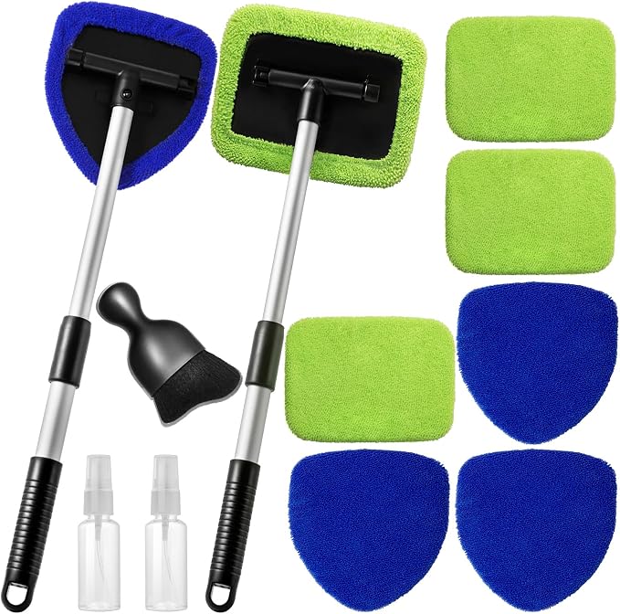 Qydipclin 11pcs Windshield Cleaner Tool, Car Window Cleaning Wash Kit with 6 Reusable Microfiber Pads 2 Spray Bottles and Extendable Handles Auto Glass Wiper Kit, Blue & Green