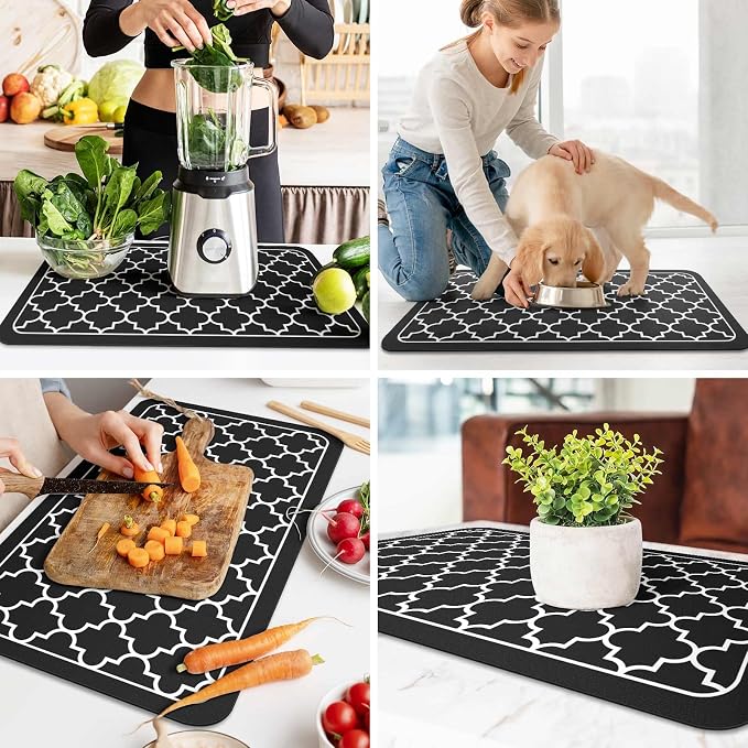 WISELIFE Dish Drying Mat Super Absorbent Drying Mat Large Dish Drying Mats for Kitchen Counter Easy Clean Dish Mat Kitchen Drying Mat18"x 28" Stylish Black
