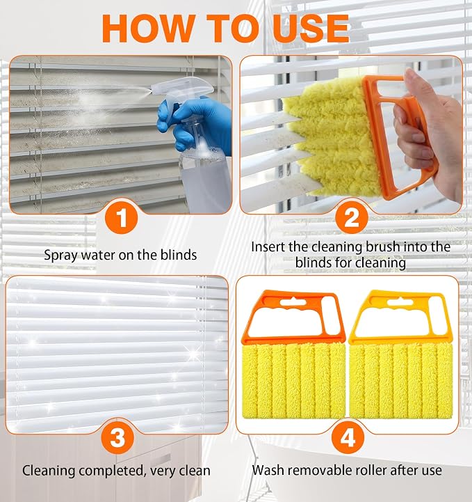 2 Pcs Blind Duster for Wood Blinds, 7-Finger Blind Cleaner Duster Tool | with Microfiber, Effortless Dusting for Tight Slats (Orange and Yellow)
