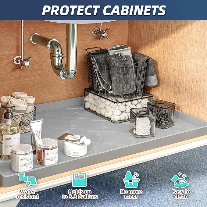 SIKADEER 37" x 19" Under Sink Mat Waterproof, Silicone Mat Kitchen Drawer Shelf and Cabinet Liner, Sink Protector for Bathroom Organizers and Storage, Boot Tray Pet Food Mats