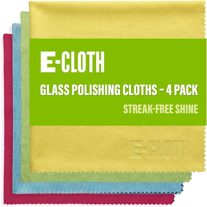 E-Cloth Glass & Polishing Cloth - Microfiber Cleaning Towel Cloth for Windows, Cars, Mirrors, Eyeglasses, & More, Streak Free Clean, Reusable & Machine Washable - Assorted Colors (4 Pack)