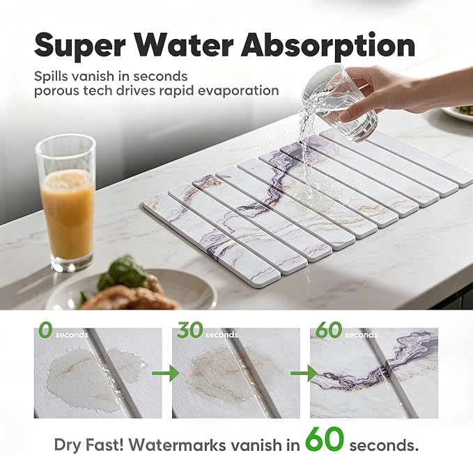 Stone Drying Mat for Kitchen Counter, Quick Diatomaceous Earth Mats for Dishes, 24"L x 16" W Super Absorbent Fast-Drying Collapsible Countertop Stone Mat (Marble White-06, 24" x 16")