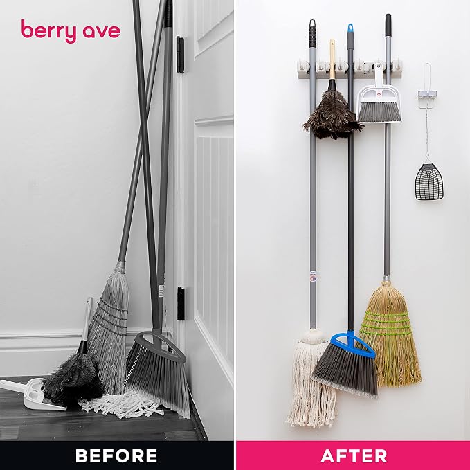 Broom Holder Wall Mount, Mop and Broom Organizer – Wall Mounted Broom Rack & Mop Rack, Rack for Brooms and Mops | Broom Hanger Wall Mount with 5 Slots & 6 Hooks, Kitchen Garage Laundry Garden (Beige)