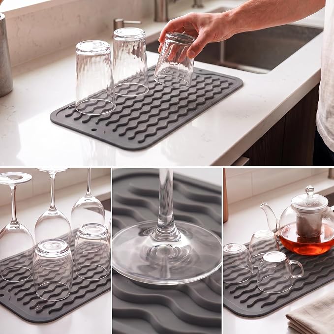 MicoYang Silicone Dish Drying Mat for Multiple Usage,Easy clean,Eco-friendly,Heat-resistant Silicone Mat for Kitchen Counter or Sink,Refrigerator or Drawer Liner Grey S 12 inches x 6 inches