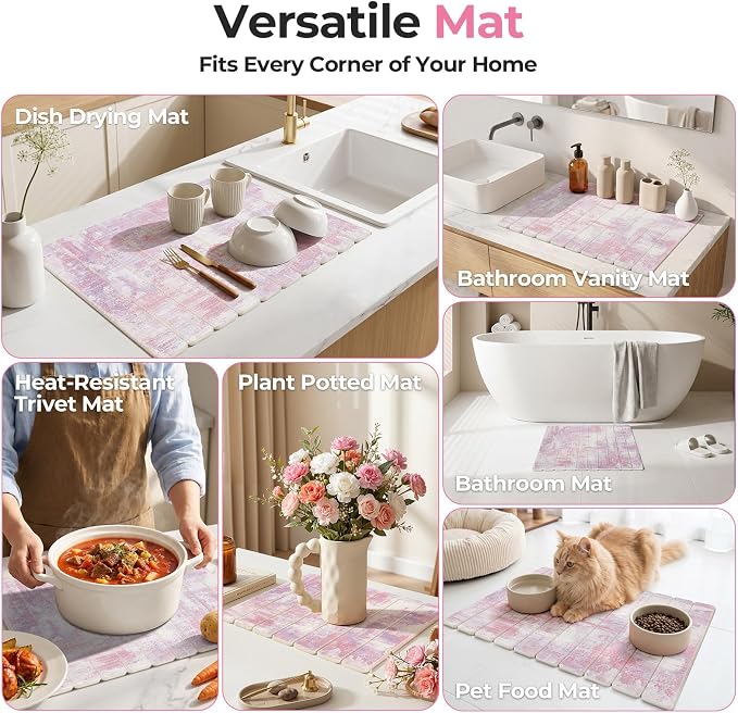 Findosom Stone Dish Drying Mat for Kitchen Counter, 15.7" × 11.8" Foldable Non-Slip Stone Drying Mat with Abstract Pattern, Heat Resistant Diatomaceous Earth Mat for Bath, Dishes, Cups, Pink