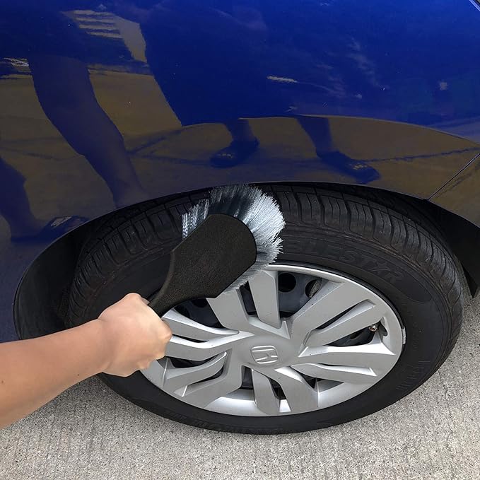 Wheel & Tire Brush for Car Rim, Soft Bristle Car Wash Brush, Cleans Tires & Releases Dirt and Road Grime, Short Handle for Easy Scrubbing Black | Car Tire Brush Cleans Tires & Releases Dirt and Road Grime, Short Handle Wheel Brush for Easy Scrubbing Black