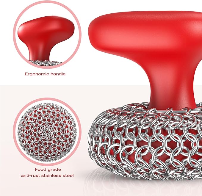 Cast Iron Scrubber | Dish Scrub Brush | 316 Cast Iron Cleaner Chainmail Scrubber for Pan Skillet Cleaner - Red