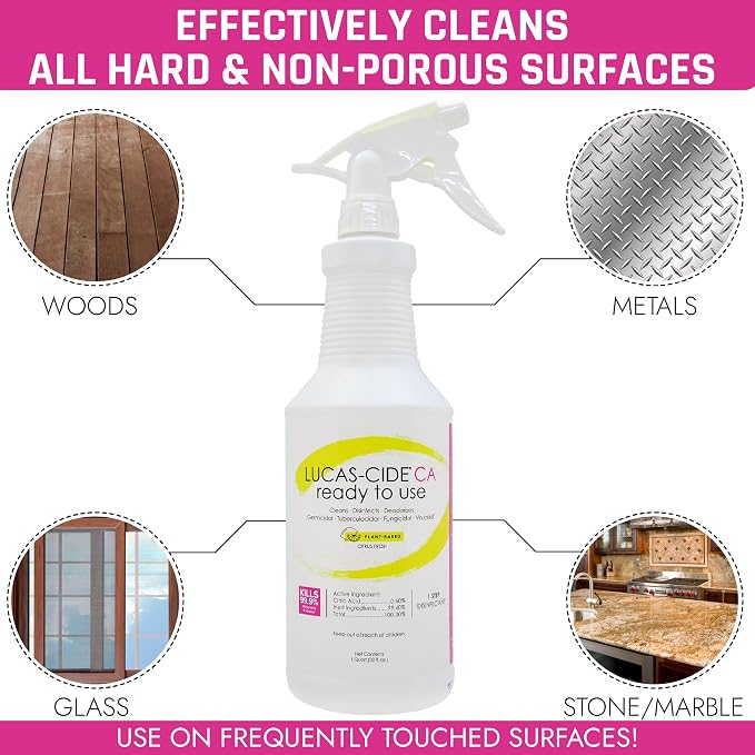 LUCAS-CIDE Ready To Use All Purpose Cleaner - Gentle Disinfectant for Home & Spa Use, Fresh Citrus Scented Disinfecting Spray, Plant-based Bathroom Cleaner, Glass Cleaner, Floor Cleaner - 1 Quart
