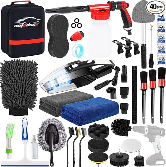 40Pcs Car Wash Detailing Kit Cleaning Kits with Foam Gun Sprayer Vacuum with Long Cord Drill Brush Large Wash Mitt Towels Complete Interior Exterior Car Washing Supply Set Black