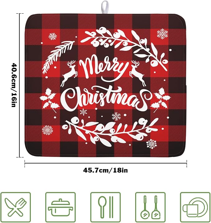 Merry Christmas Dish Drying Mat for Kitchen Counter, Red Buffalo Plaid Kitchen Drying Mat Microfiber Absorbent Dishes Pad Winter Xmas Dish Drainer Rack Mats Fast Dry Kitchen Accessories 16”x18”
