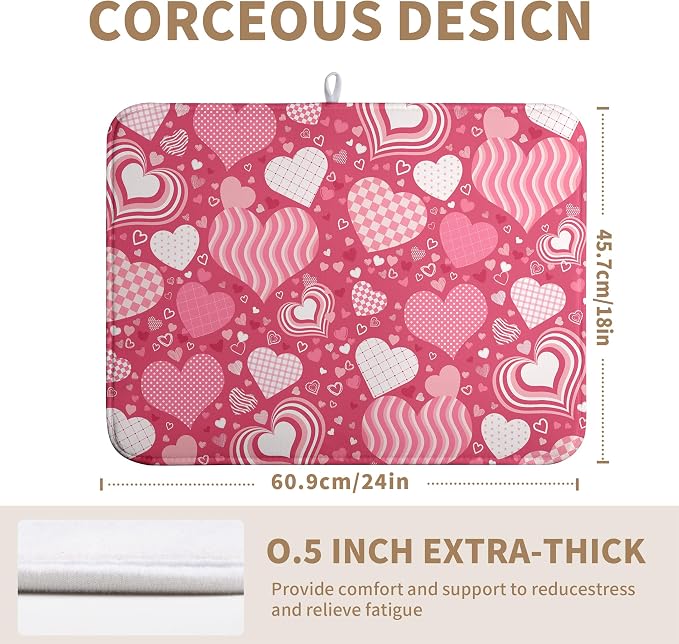 Red Heart Valentine Dish Dry Mat - 18x24 Inch Absorbent Reversible Dish Pad for Kitchen Counter