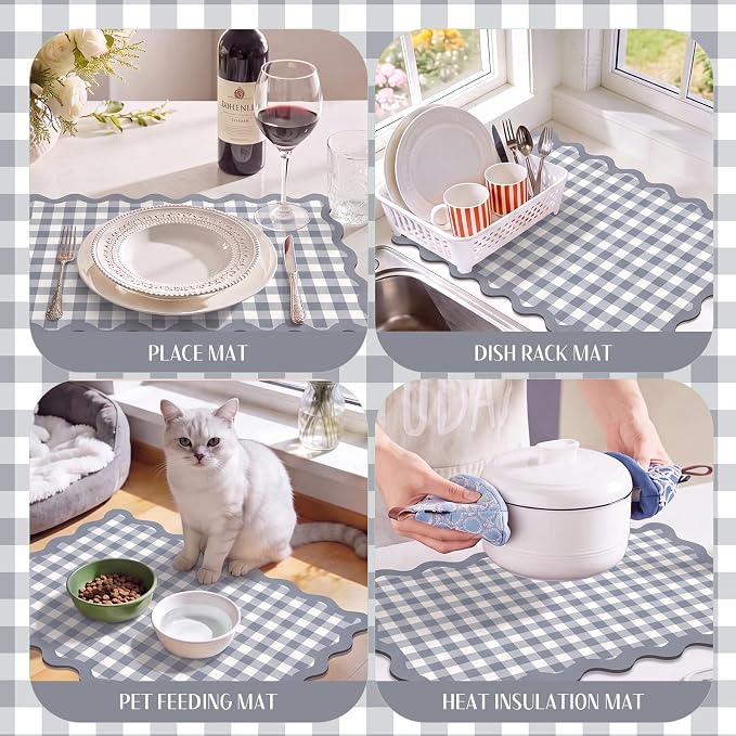 Scalloped Gingham Coffee Mat 12" x 20" Absorbent Coffee Bar Mat Gingham Espresso Matt for Counter(Gray)