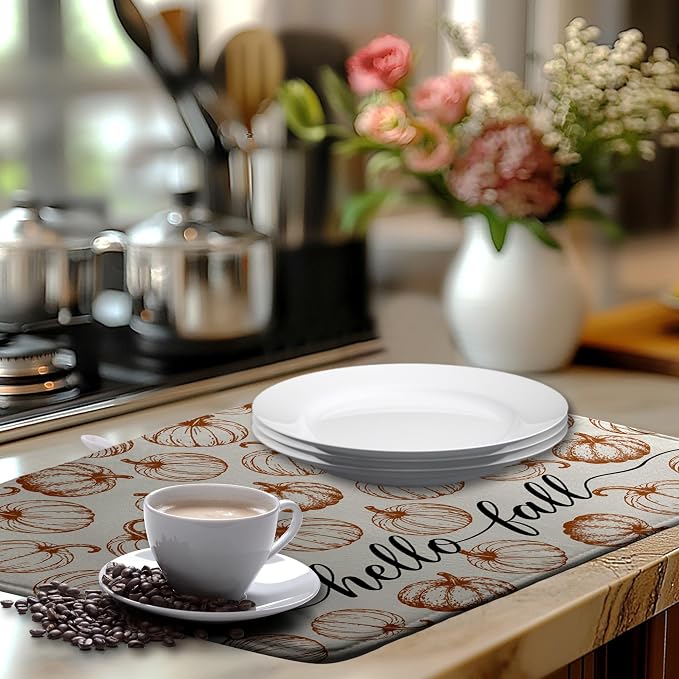 Hello Fall Dish Drying Mats Thanksgiving Pumpkin Dish Mat Autumn Drying Matt Dishes Dryer Pad for Kitchen Counter Absorbent Microfiber Washable Foldable Reusable 18x24 in
