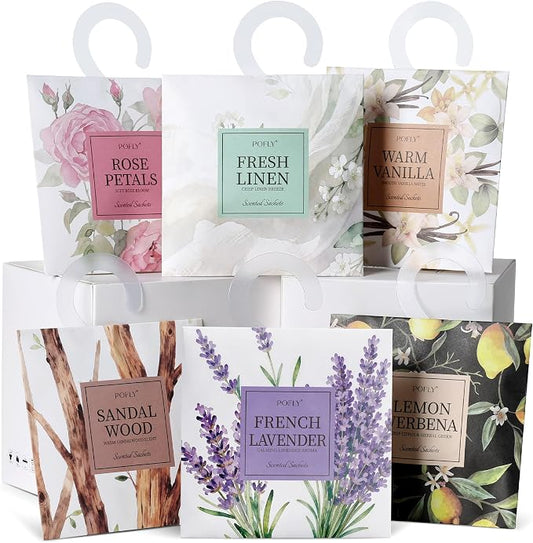 12 Pack 6 Assorted Scented Sachets, Air Freshener for Small Spaces | Hanging Sachet Bags with Retractable Hook; Closet Deodorizer & Odor Eliminator for Drawers, Shoe Cabinets, Cars & Luggage
