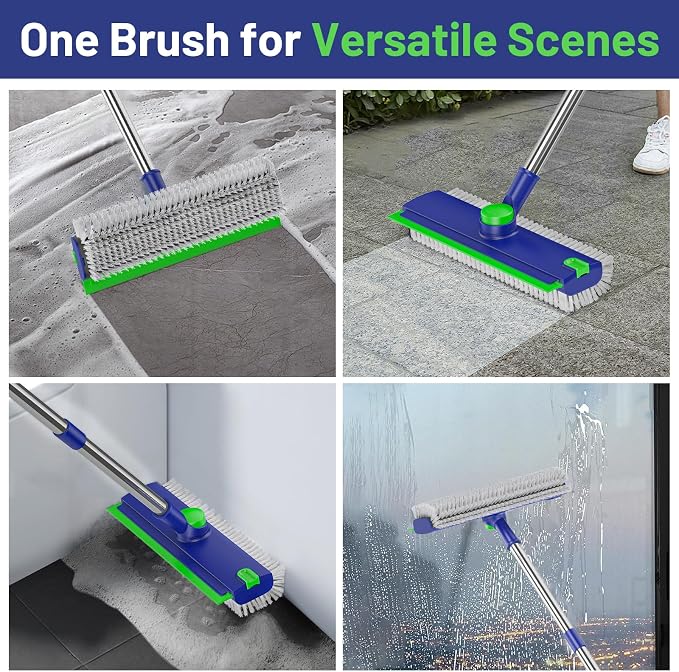 3 in 1 Floor Scrub Brush with Long Handle & Squeegee | Heavy-Duty, Adjustable, 360° Rotating Head for Cleaning Tile Bathroom Deck Kitchen Patio, Blue