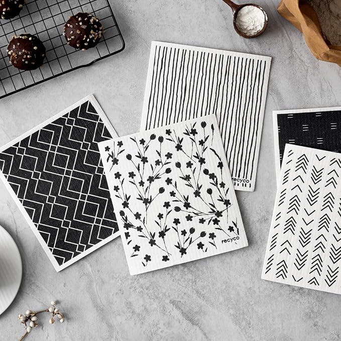 RECYCO Swedish Dishcloths for Kitchen | 5 Pack Geometric Washable Dish Rags | Cellulose Reusable Cleaning Paper Towels | Absorbent Counter Dish Cloth Sponge Kitchen Wipes, 8" L x 7" W